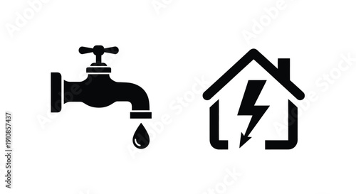 Water tap and house with lightning bolt symbol illustration