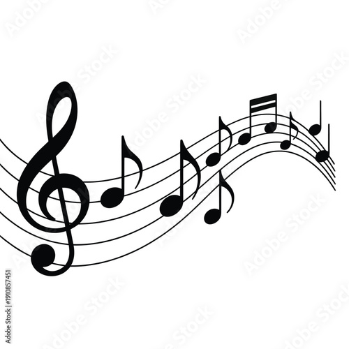 Musical notes and treble clef create a flowing musical phrase