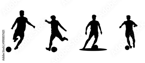 set silhouettes of player playing football in different actions