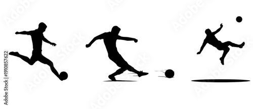 set silhouettes of player playing football in different actions