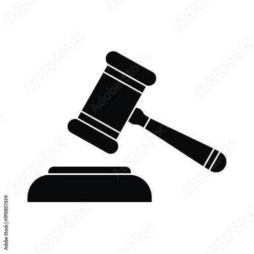 Black and white illustration of a gavel resting on a sound block