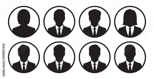Eight black silhouette profile headshots with diverse hairstyles for men and women