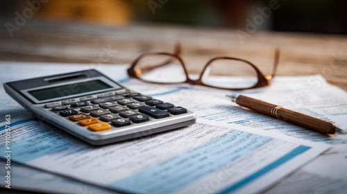 Financial Insight: A detailed shot showcasing the essential tools of financial analysis - a calculator, reading glasses, a pen, and accounting documents.