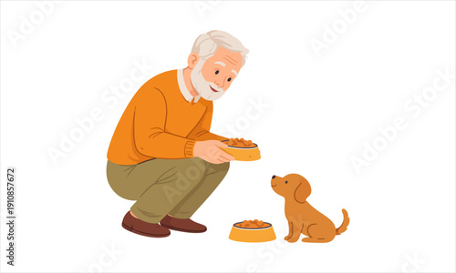 Elderly man feeding a small puppy a meal from a bowl