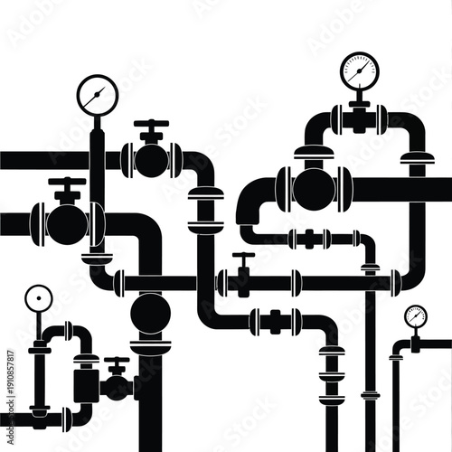 Abstract illustration of interconnected industrial pipes and valves in black