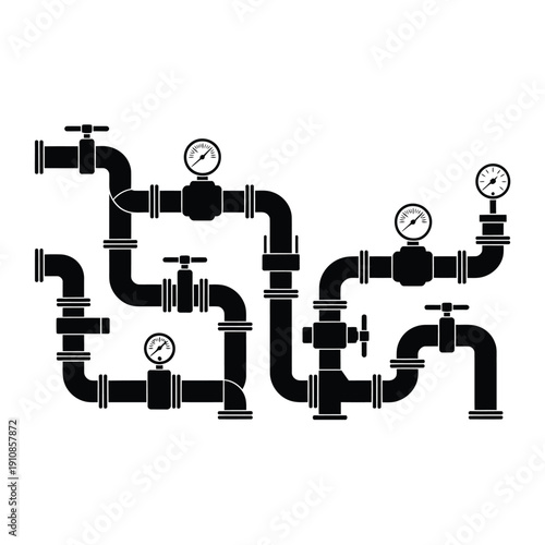 Abstract illustration of industrial pipes valves and pressure gauges