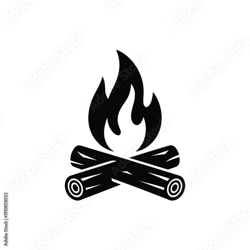 Simple black and white illustration of a stylized campfire with logs