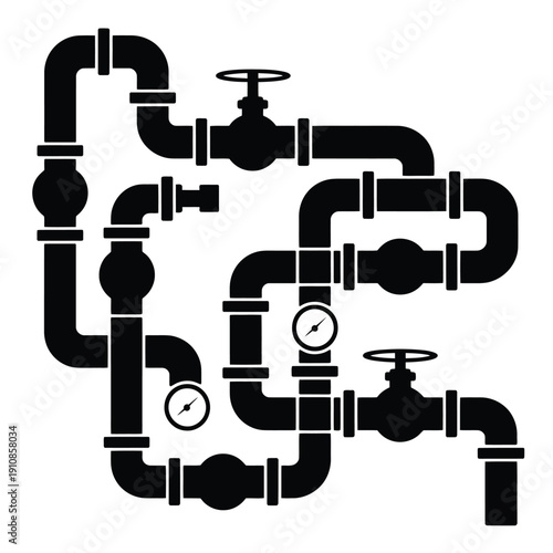Black and white illustration of industrial pipes valves and gauges