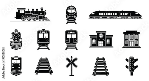 Black and white railway icons depicting various trains tracks and stations