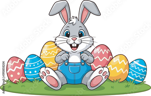 Happy Easter day with Cute Easter Bunny and Easter Eggs on Grass Cartoon Spring Illustration