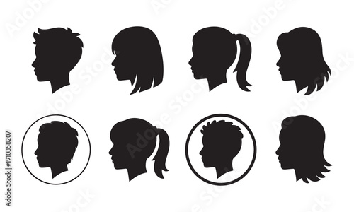 Collection of diverse profile silhouettes representing different hairstyles and ages for user icons or avatars.