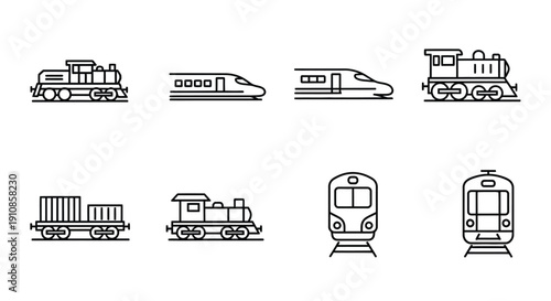 Line art icons depicting various types of trains and railway elements