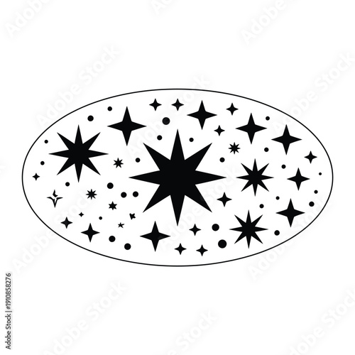 Black stars and sparkles fill an oval shaped white background