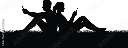 Black silhouette illustration of two people sitting back-to-back on grass, holding smartphones, digital interaction, modern technology, social behavior, isolation, communication