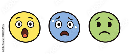 Three cartoon faces expressing surprise, fear, and sadness