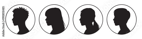 Four different profile avatars, featuring diverse genders, ages, and hairstyles within circles