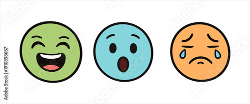 Happy, Surprised, and Sad Emoticon Faces Representing Emotions and Reactions