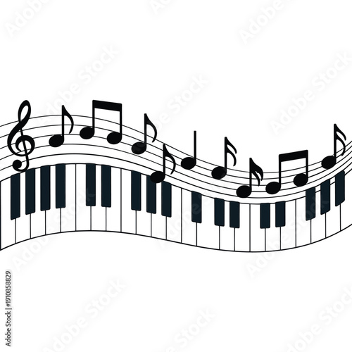 Musical notes and a piano keyboard form a flowing wavy design