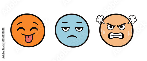 Emotions expressed through expressive emoji faces happy, bored, and angry