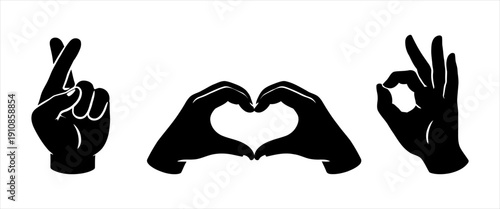Different Hand Gestures Fingers Crossed, Heart Shape, and Okay Sign