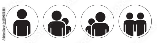 Set of user profile icons with various group sizes for community account management and social media