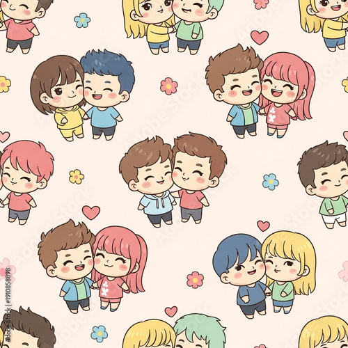 Diverse cartoon children holding hands in joyful circle with hearts and flowers background