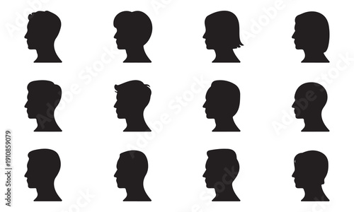 Side view human head silhouettes collection with various hairstyles for identity and profile designs