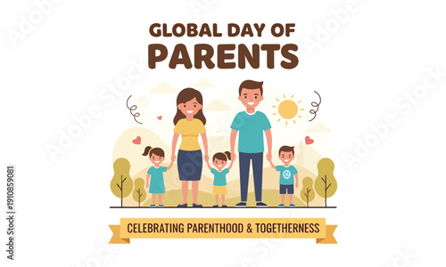 Global day of parents celebrating parenthood togetherness family. Happy family with parents and children hugging, celebrating global day of parents