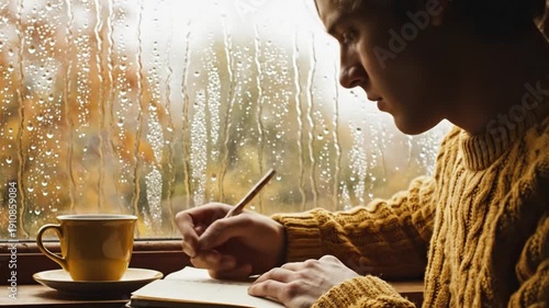 Autumnal Musings: A solitary figure engrossed in writing by a rain-streaked window, accompanied by a warm beverage, capturing a moment of introspective reflection on a cozy autumn day.