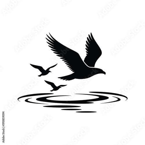 Silhouetted birds in flight over water with ripple effects