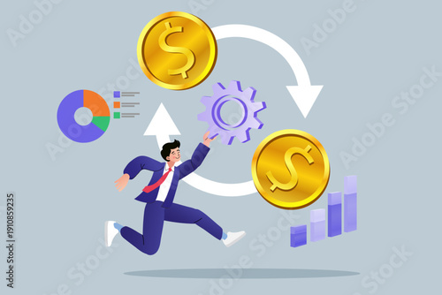 Financial automation and business growth concept with businessman jumping. Profitable investment system, cash flow management, and strategic wealth development for entrepreneurs and startups.