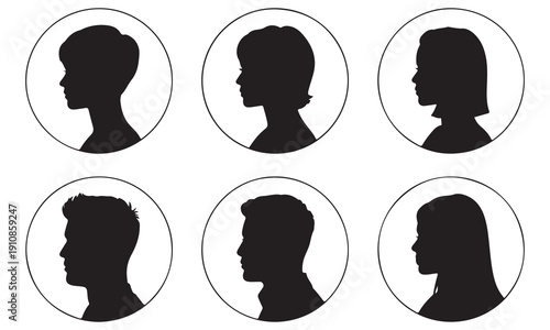 Set of six vector black silhouettes of mens and womens heads in circles on white background