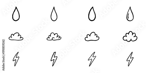 Weather Elements Line Icon Set In Doodle Style. Rain, Cloud, And Lightning Symbols Outline Sketch Collection. Meteorological And Climate Representation. Hand Drawn Isolated Vector Illustration