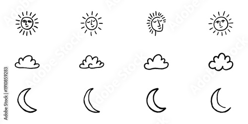 Sun, Cloud, And Moon Line Icon Set In Doodle Style. Weather And Time Of Day Representation Outline Sketch Collection. Hand Drawn Isolated Vector Illustration