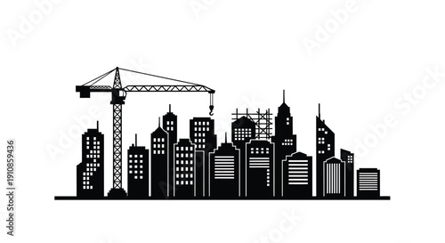 A black silhouette of a city skyline with a construction crane
