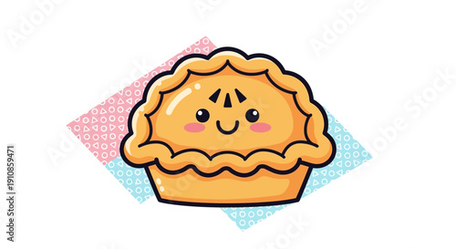 A smiling cartoon pie with a wavy crust is centered on a diamond-shaped background with pastel colors.