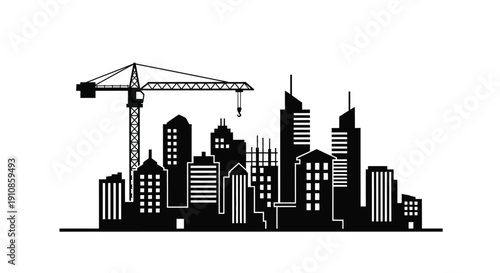 Black silhouette of a city skyline under construction with a crane