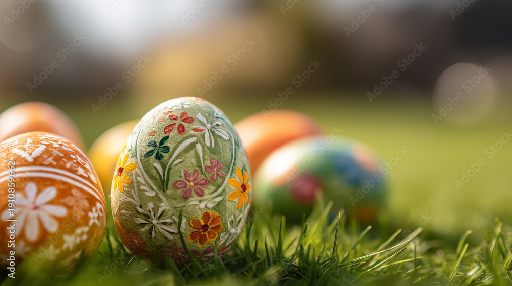 Fototapeta premium Ostara Festival, Hand Painted Floral Easter Eggs Resting on Spring Grass for Ostara Festival Celebration