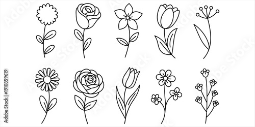 Set of minimalist hand drawn floral icons including roses tulips and daisies in black ink.