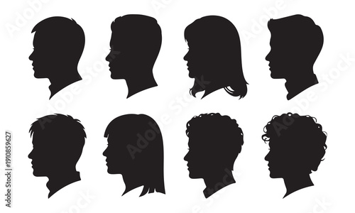Eight black silhouette frontal hairstyles for men and women showing diverse styles