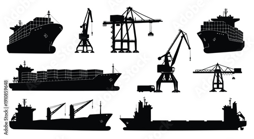 Black silhouette collection of cargo ships cranes and port structures