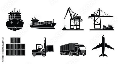 Black and white icons depicting various modes of transportation and logistics