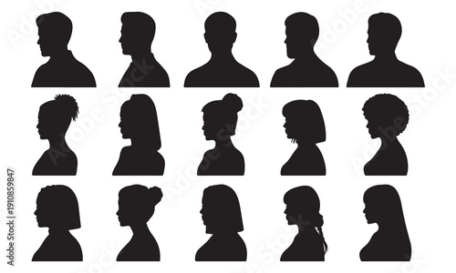 Diverse profile head silhouettes set side view men and women portraits isolated on white background