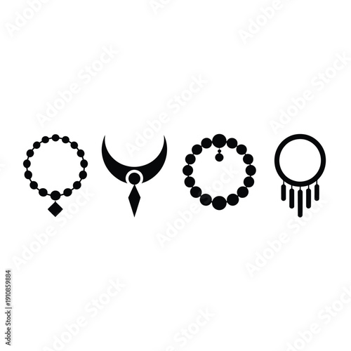 Minimalist black icons depicting various celestial and beaded jewelry designs