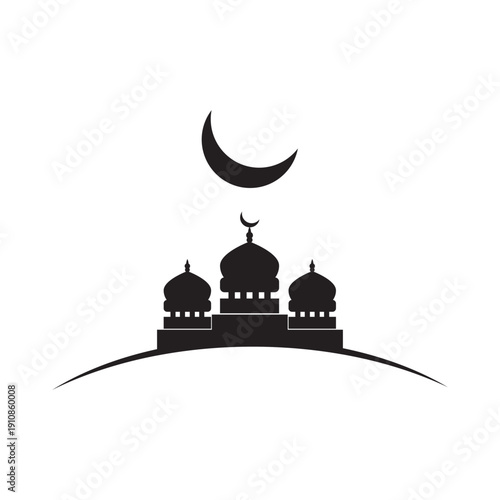 Islamic Mosque Silhouette With Crescent Moon On Hillside, Symbolic Religious Architecture Icon