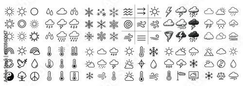 Weather icons collection: sun, rain, snowflakes