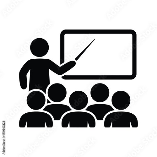 Simple black icon depicting a teacher presenting to a group of students