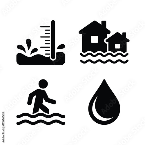 Climate change icons depicting warming flooding and human impact