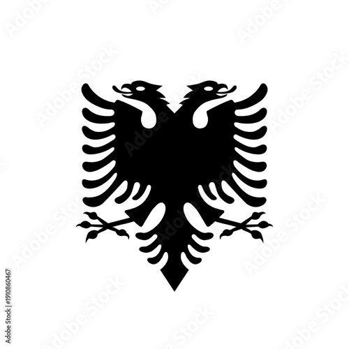 Albanian double-headed Eagle black emblem featured on the flag of Albania. Traditional Balkan symbol of Albania which depicts a two-headed eagle