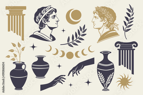 Collection of ancient mythology decorative elements. Statues, columns, jugs, olive branches.